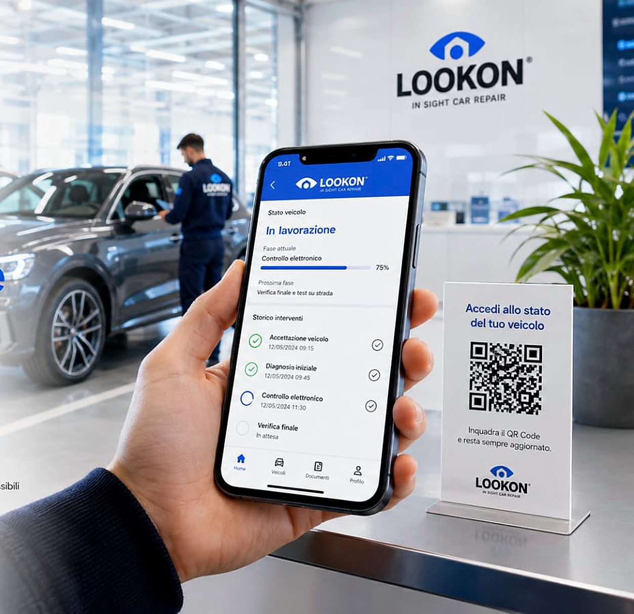 App cliente LOOKON su smartphone con lo stato del veicolo e lo storico interventi