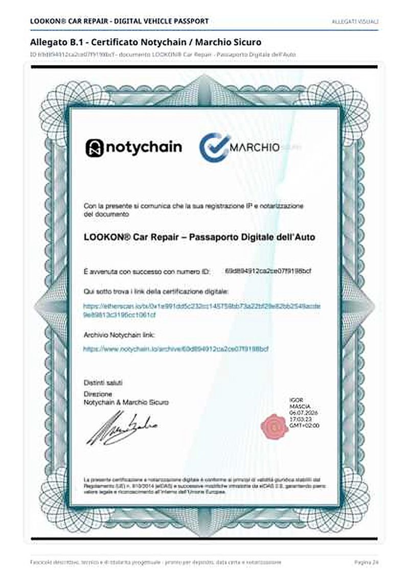 Certificato di notarizzazione del progetto LOOKON in blockchain
