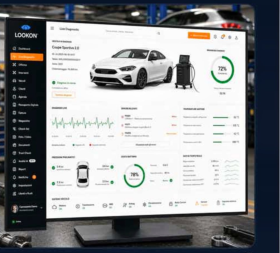 Monitor con la diagnosi live di un veicolo: errori, parametri motore e dati in tempo reale