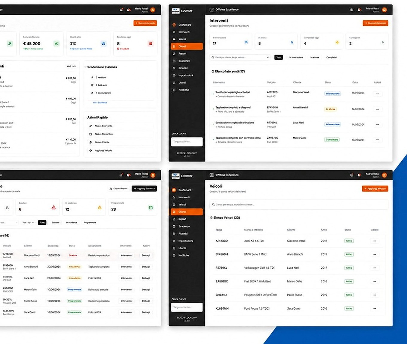 Screens of the LOOKON software platform: dashboard, jobs, vehicles and deadlines