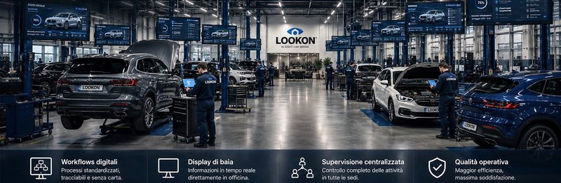 Interno di un hub digitale con più postazioni di lavoro e schermi di stato