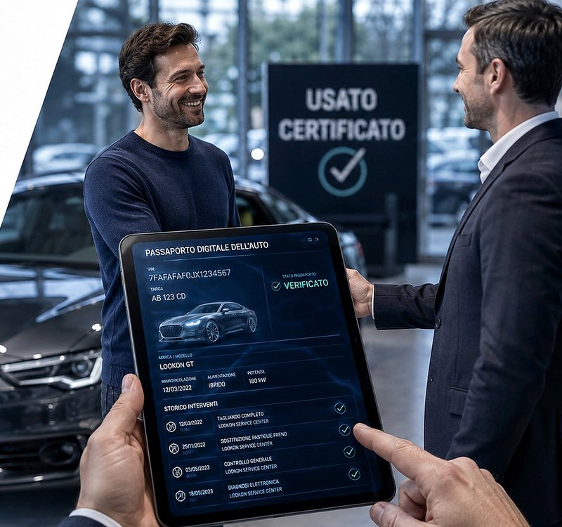 Due persone consultano il passaporto digitale accanto a un'auto usata certificata
