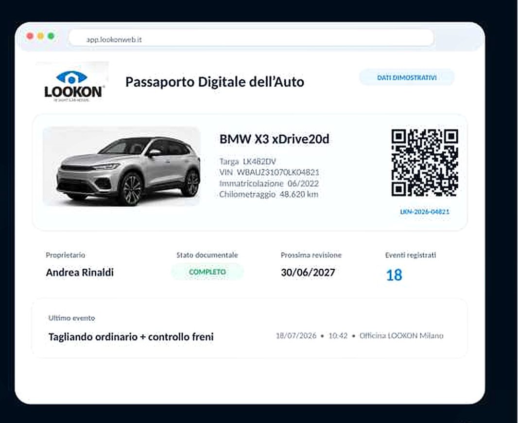 Schermata della Web App LOOKON con il passaporto digitale di un veicolo