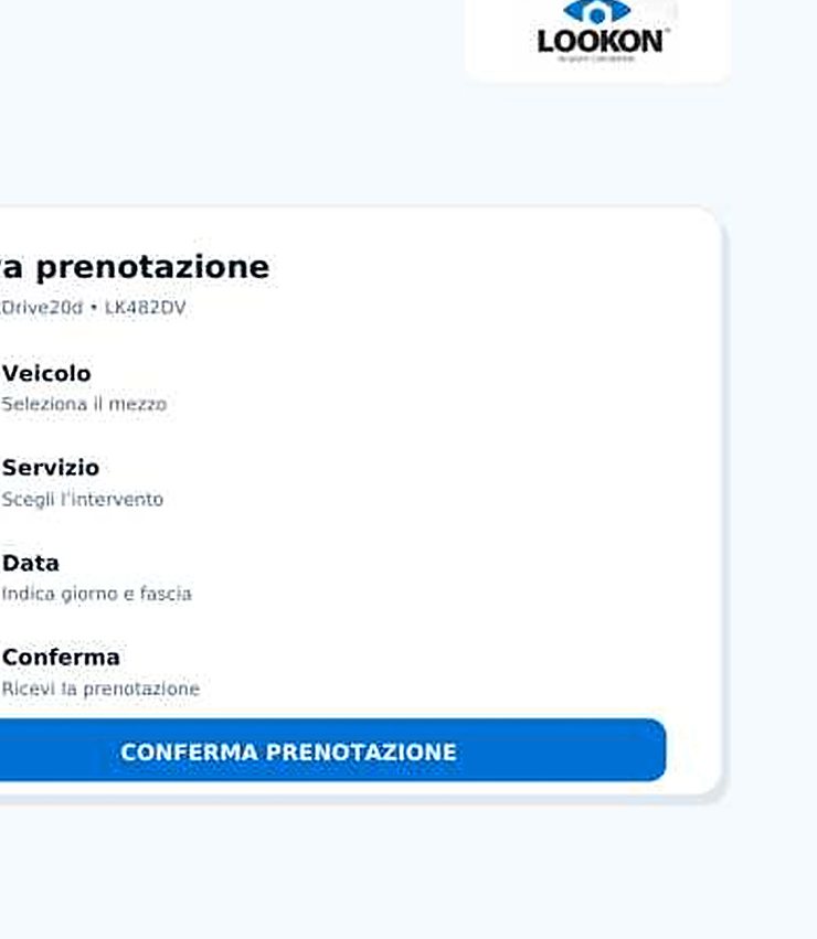 Schermata di nuova prenotazione con selezione di veicolo, servizio, data e conferma