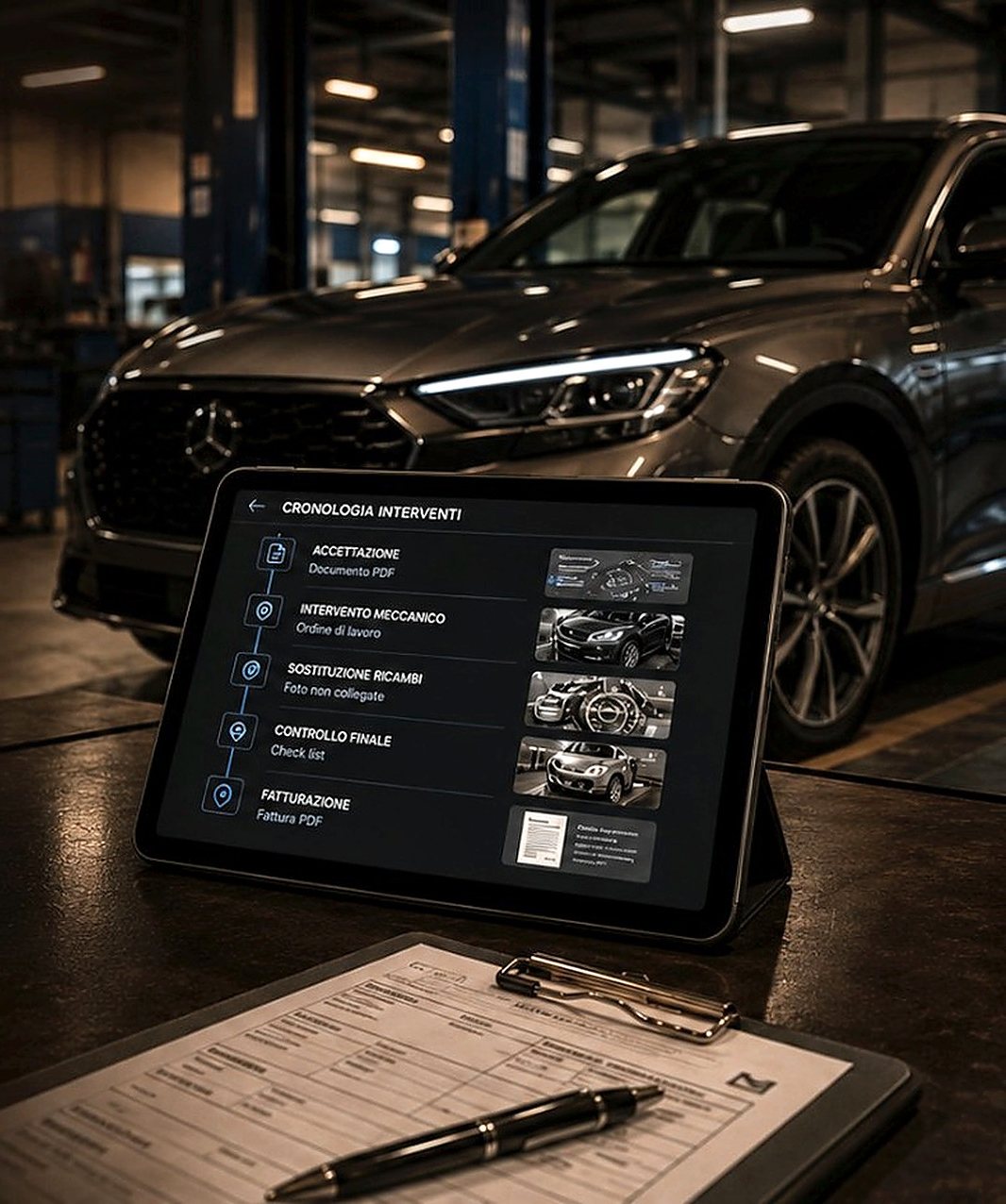 Tablet con la cronologia degli interventi accanto a documenti cartacei sparsi su una scrivania