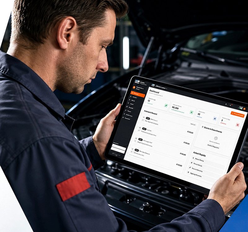 Tecnico in officina che consulta la piattaforma software su un tablet